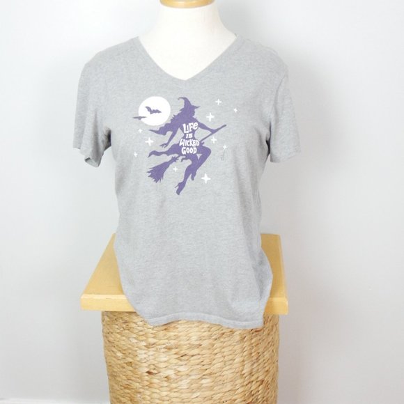 Life is Wicked Good Witch Grey V Neck Tee Halloween Witchy XL Woman - Picture 1 of 10